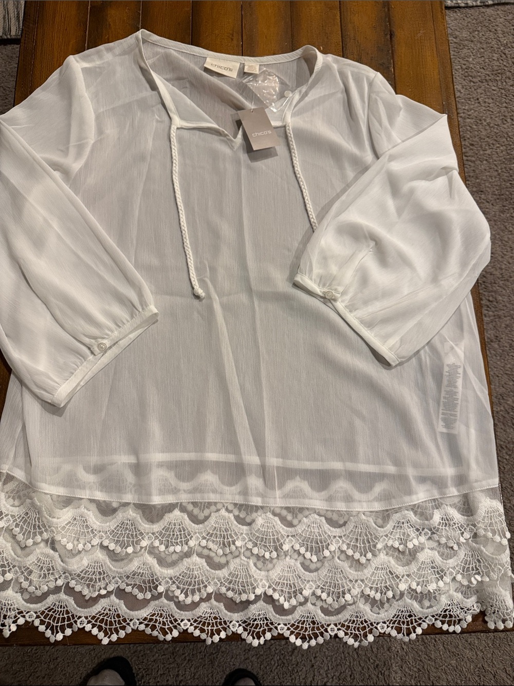 Chico's White Sheer Peasant Blouse with Lace Hem